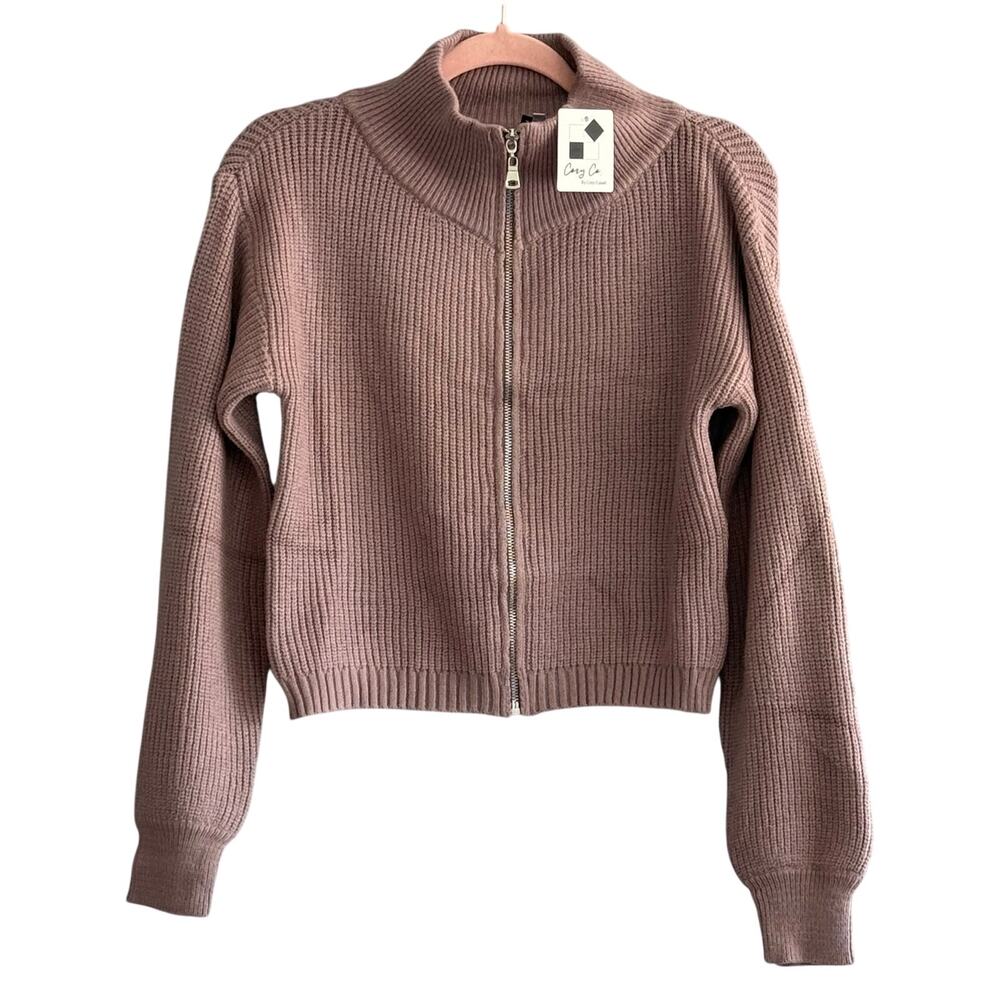 Funnel Neck Zip Front Cropped Cardigan Ribbed Knit Balloon Sleeve Women's XS NWT